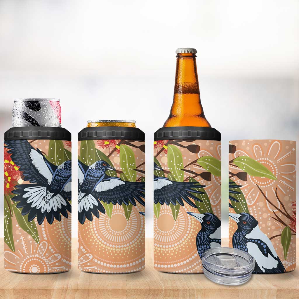 Magpies On Eucalyptus Australia Aboriginal 4 in 1 Can Cooler Tumbler - Aussie Hoodie