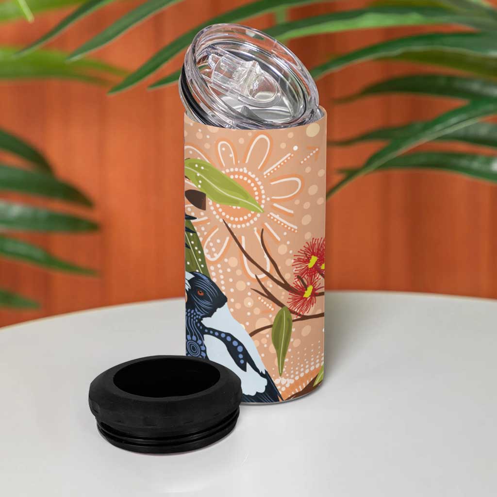 Magpies On Eucalyptus Australia Aboriginal 4 in 1 Can Cooler Tumbler - Aussie Hoodie