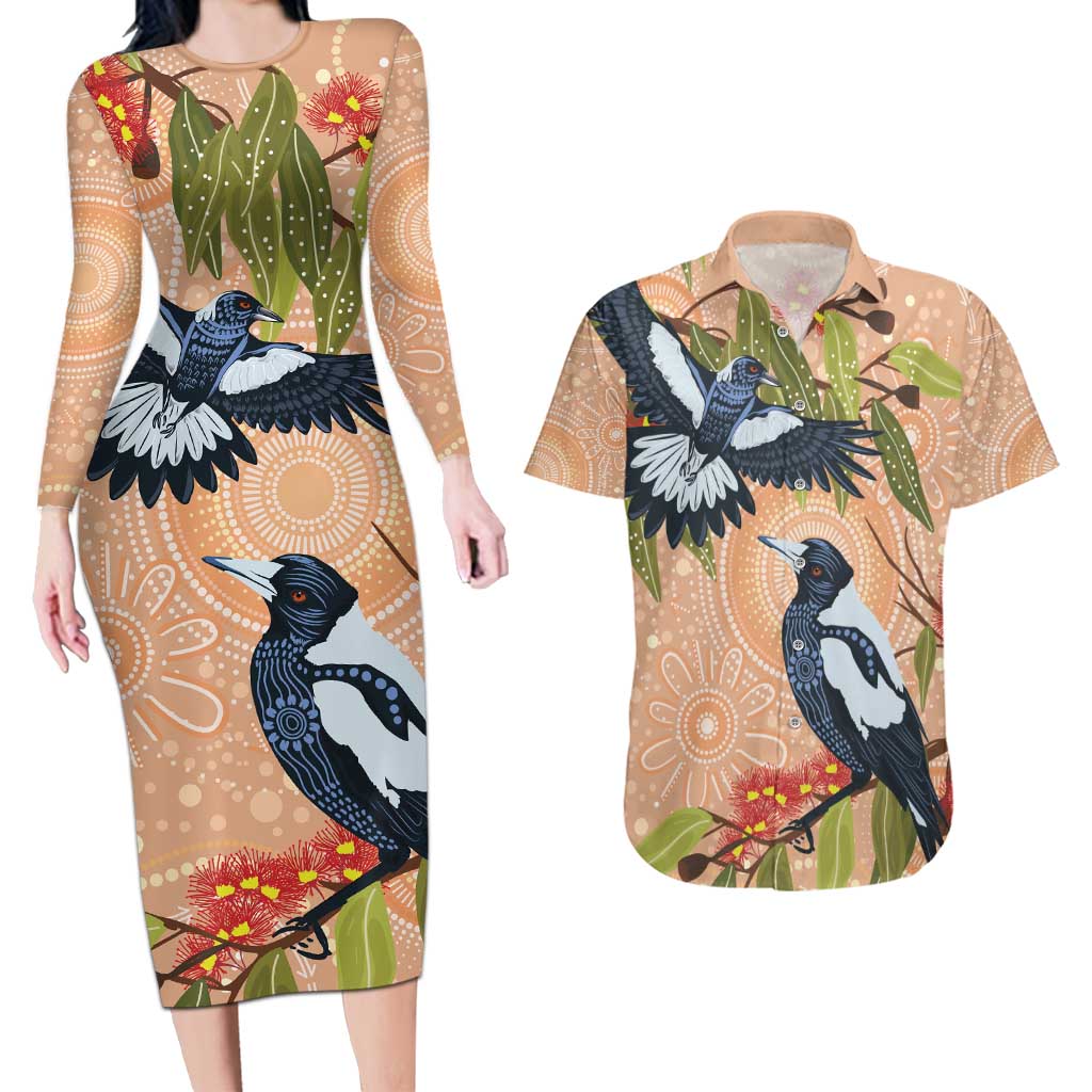 Magpies On Eucalyptus Australia Aboriginal Couples Matching Long Sleeve Bodycon Dress and Hawaiian Shirt - Aussie Hoodie
