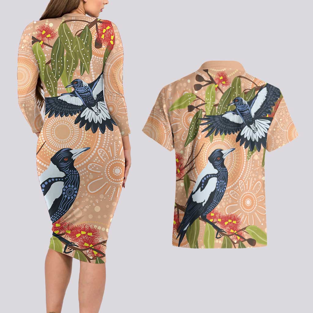 Magpies On Eucalyptus Australia Aboriginal Couples Matching Long Sleeve Bodycon Dress and Hawaiian Shirt - Aussie Hoodie