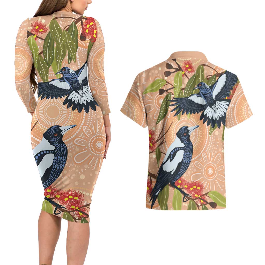 Magpies On Eucalyptus Australia Aboriginal Couples Matching Long Sleeve Bodycon Dress and Hawaiian Shirt - Aussie Hoodie