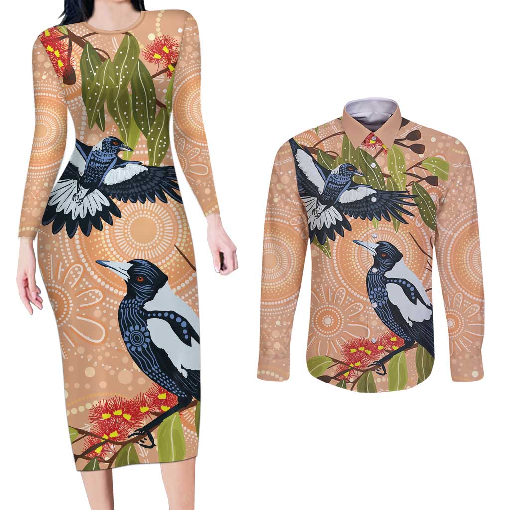 Magpies On Eucalyptus Australia Aboriginal Couples Matching Long Sleeve Bodycon Dress and Long Sleeve Button Shirt - Aussie Hoodie