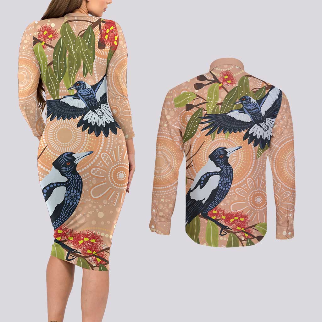 Magpies On Eucalyptus Australia Aboriginal Couples Matching Long Sleeve Bodycon Dress and Long Sleeve Button Shirt - Aussie Hoodie