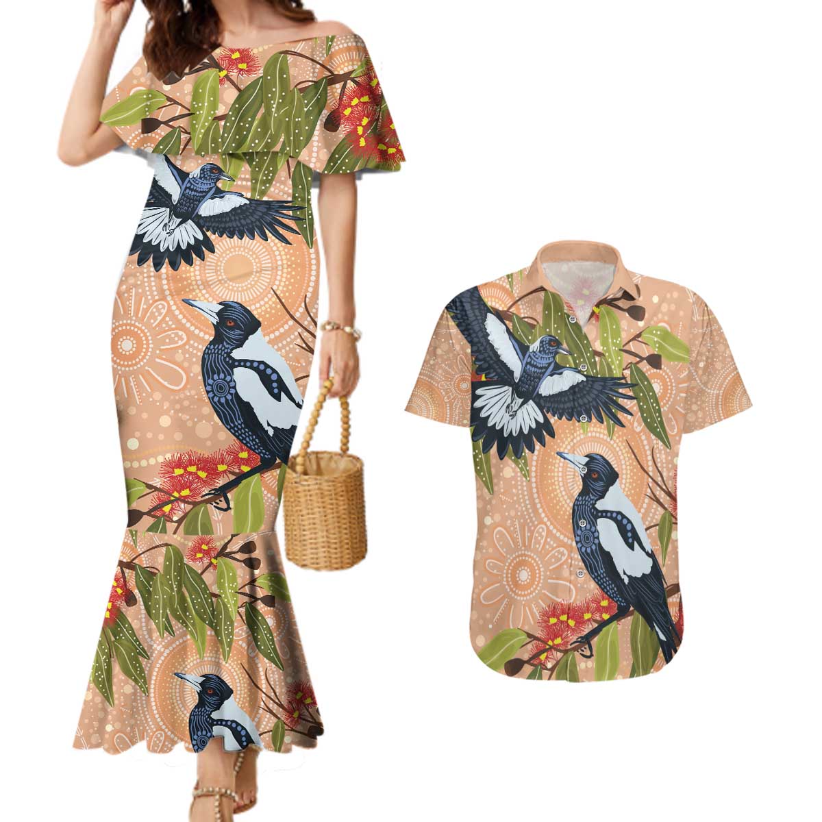 Magpies On Eucalyptus Australia Aboriginal Couples Matching Mermaid Dress and Hawaiian Shirt - Aussie Hoodie