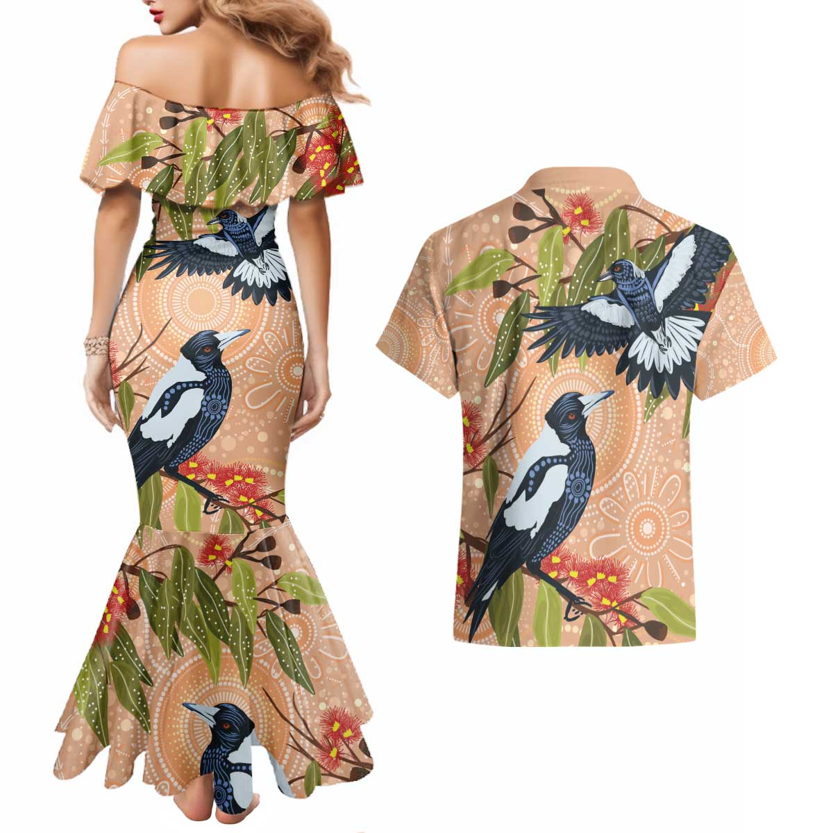 Magpies On Eucalyptus Australia Aboriginal Couples Matching Mermaid Dress and Hawaiian Shirt - Aussie Hoodie