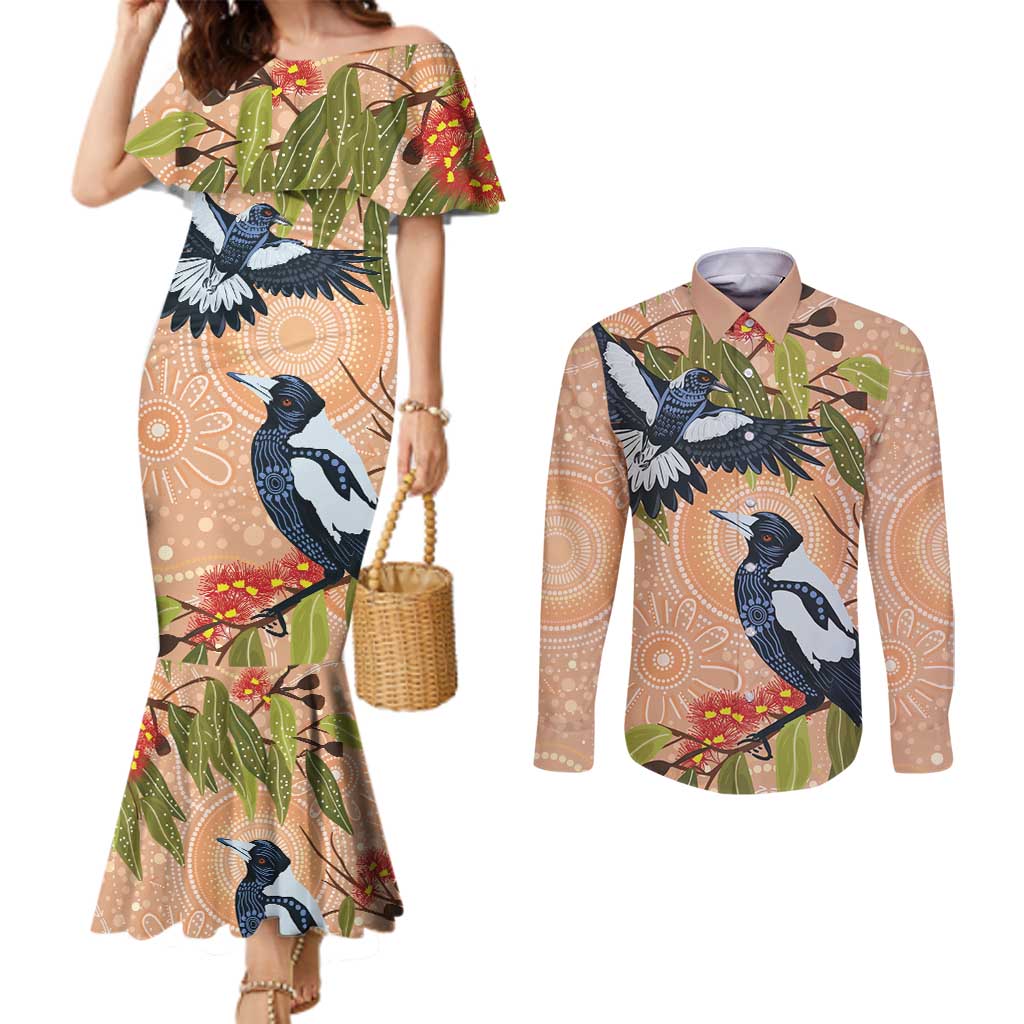 Magpies On Eucalyptus Australia Aboriginal Couples Matching Mermaid Dress and Long Sleeve Button Shirt - Aussie Hoodie
