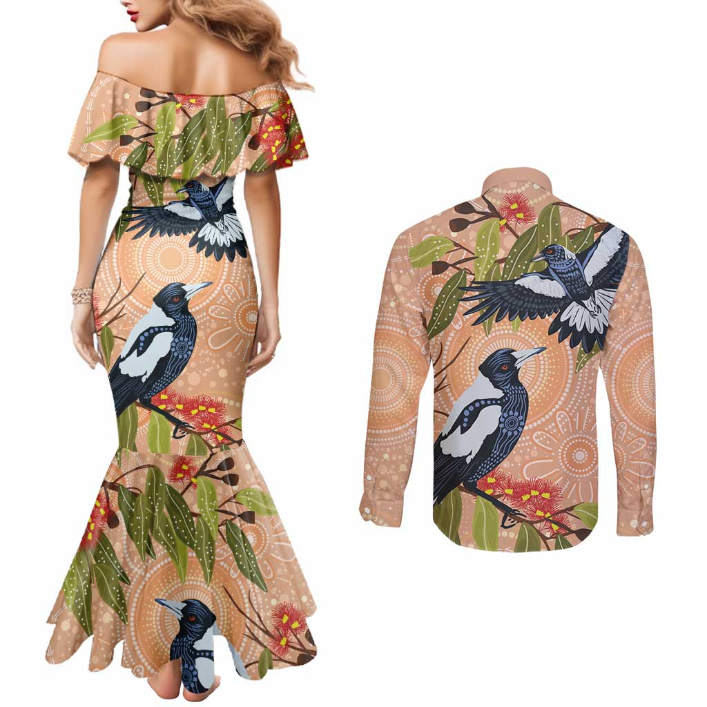 Magpies On Eucalyptus Australia Aboriginal Couples Matching Mermaid Dress and Long Sleeve Button Shirt - Aussie Hoodie
