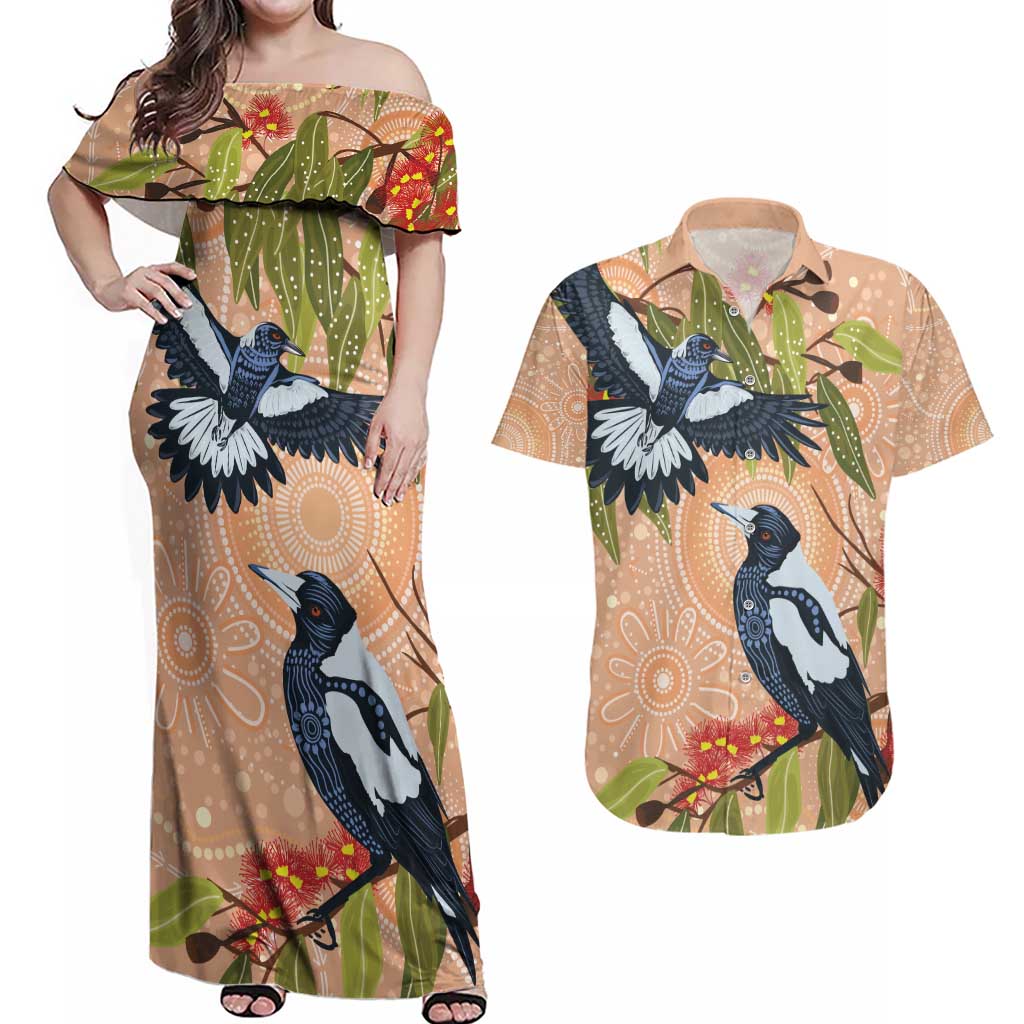 Magpies On Eucalyptus Australia Aboriginal Couples Matching Off Shoulder Maxi Dress and Hawaiian Shirt - Aussie Hoodie