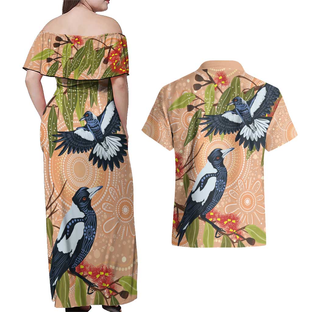 Magpies On Eucalyptus Australia Aboriginal Couples Matching Off Shoulder Maxi Dress and Hawaiian Shirt - Aussie Hoodie