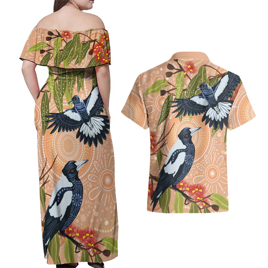 Magpies On Eucalyptus Australia Aboriginal Couples Matching Off Shoulder Maxi Dress and Hawaiian Shirt - Aussie Hoodie