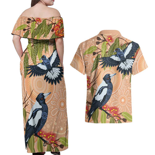 Magpies On Eucalyptus Australia Aboriginal Couples Matching Off Shoulder Maxi Dress and Hawaiian Shirt - Aussie Hoodie