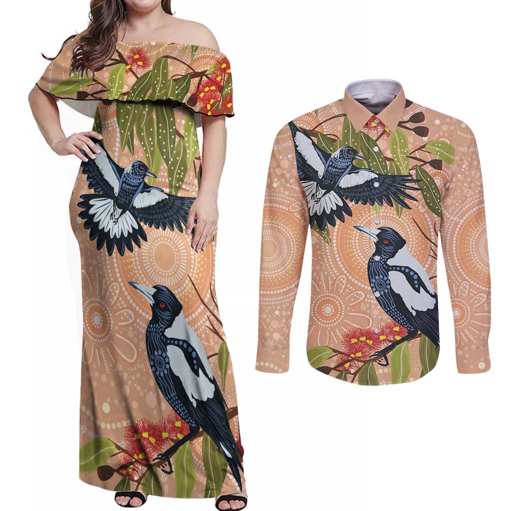 Magpies On Eucalyptus Australia Aboriginal Couples Matching Off Shoulder Maxi Dress and Long Sleeve Button Shirt - Aussie Hoodie