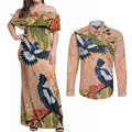 Magpies On Eucalyptus Australia Aboriginal Couples Matching Off Shoulder Maxi Dress and Long Sleeve Button Shirt - Aussie Hoodie
