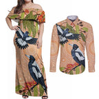 Magpies On Eucalyptus Australia Aboriginal Couples Matching Off Shoulder Maxi Dress and Long Sleeve Button Shirt - Aussie Hoodie