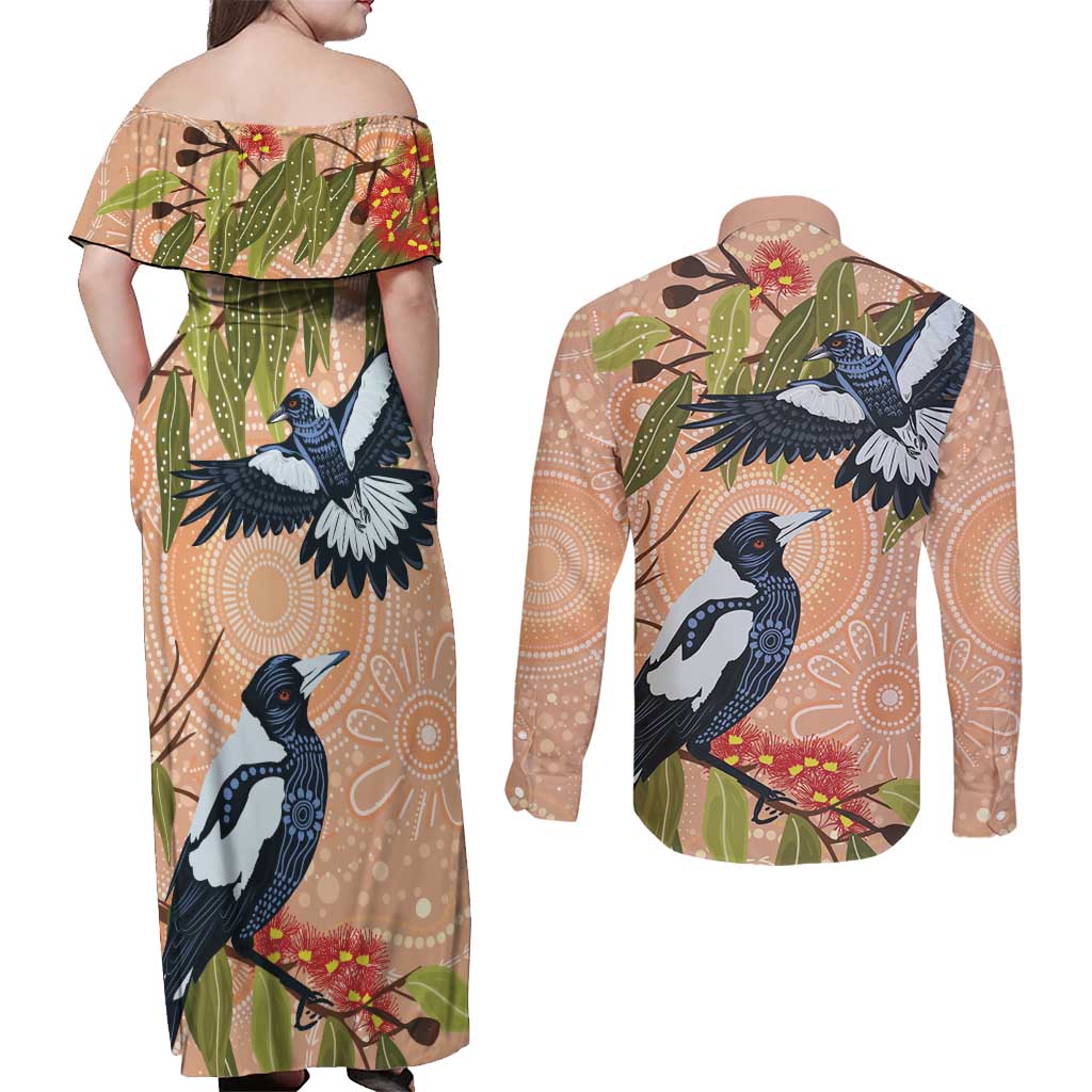 Magpies On Eucalyptus Australia Aboriginal Couples Matching Off Shoulder Maxi Dress and Long Sleeve Button Shirt - Aussie Hoodie