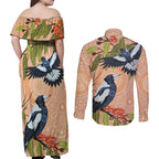 Magpies On Eucalyptus Australia Aboriginal Couples Matching Off Shoulder Maxi Dress and Long Sleeve Button Shirt - Aussie Hoodie