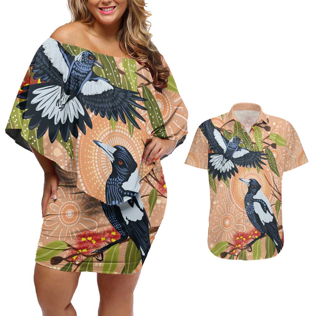 Magpies On Eucalyptus Australia Aboriginal Couples Matching Off Shoulder Short Dress and Hawaiian Shirt - Aussie Hoodie
