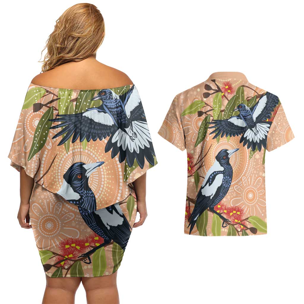 Magpies On Eucalyptus Australia Aboriginal Couples Matching Off Shoulder Short Dress and Hawaiian Shirt - Aussie Hoodie