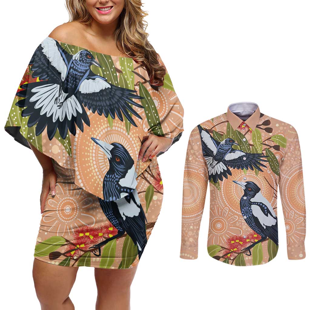 Magpies On Eucalyptus Australia Aboriginal Couples Matching Off Shoulder Short Dress and Long Sleeve Button Shirt - Aussie Hoodie