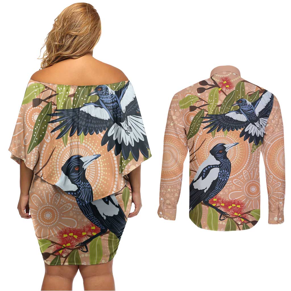 Magpies On Eucalyptus Australia Aboriginal Couples Matching Off Shoulder Short Dress and Long Sleeve Button Shirt - Aussie Hoodie