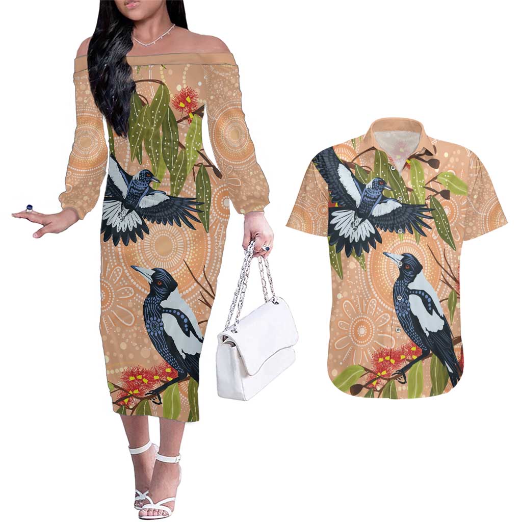 Magpies On Eucalyptus Australia Aboriginal Couples Matching Off The Shoulder Long Sleeve Dress and Hawaiian Shirt - Aussie Hoodie