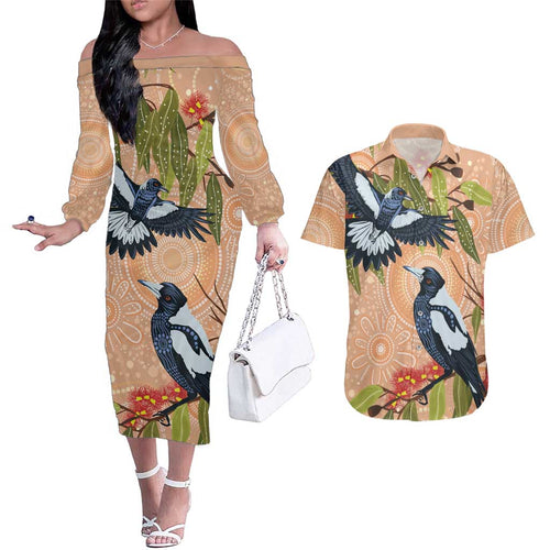 Magpies On Eucalyptus Australia Aboriginal Couples Matching Off The Shoulder Long Sleeve Dress and Hawaiian Shirt - Aussie Hoodie