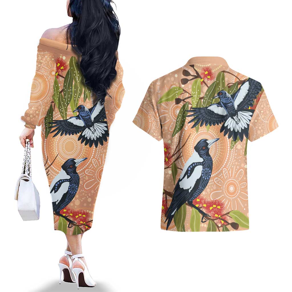 Magpies On Eucalyptus Australia Aboriginal Couples Matching Off The Shoulder Long Sleeve Dress and Hawaiian Shirt - Aussie Hoodie