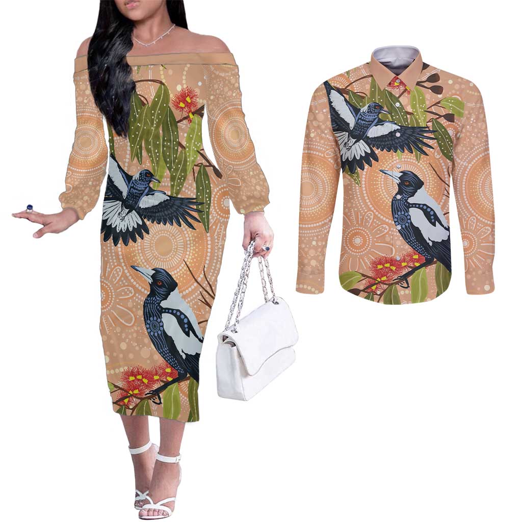 Magpies On Eucalyptus Australia Aboriginal Couples Matching Off The Shoulder Long Sleeve Dress and Long Sleeve Button Shirt - Aussie Hoodie