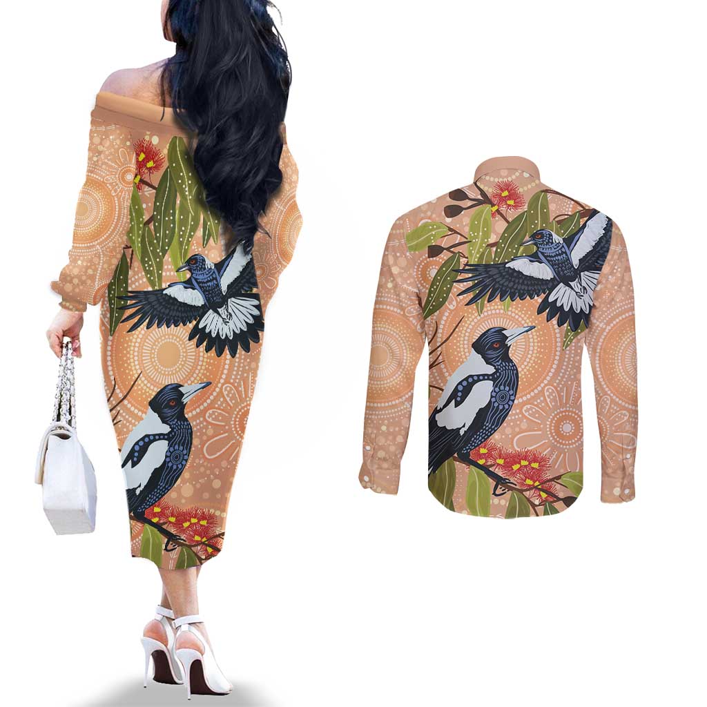 Magpies On Eucalyptus Australia Aboriginal Couples Matching Off The Shoulder Long Sleeve Dress and Long Sleeve Button Shirt - Aussie Hoodie