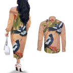 Magpies On Eucalyptus Australia Aboriginal Couples Matching Off The Shoulder Long Sleeve Dress and Long Sleeve Button Shirt - Aussie Hoodie