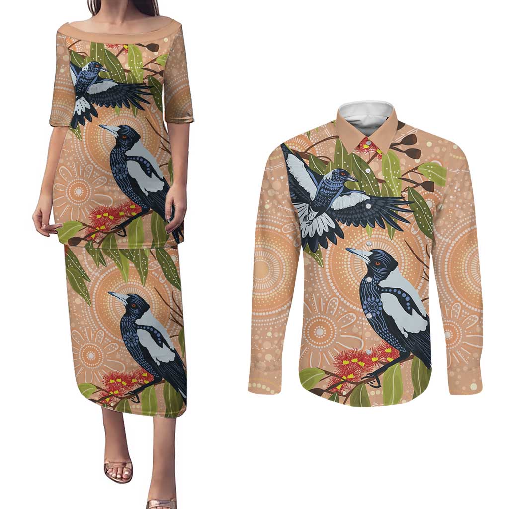 Magpies On Eucalyptus Australia Aboriginal Couples Matching Puletasi and Long Sleeve Button Shirt - Aussie Hoodie