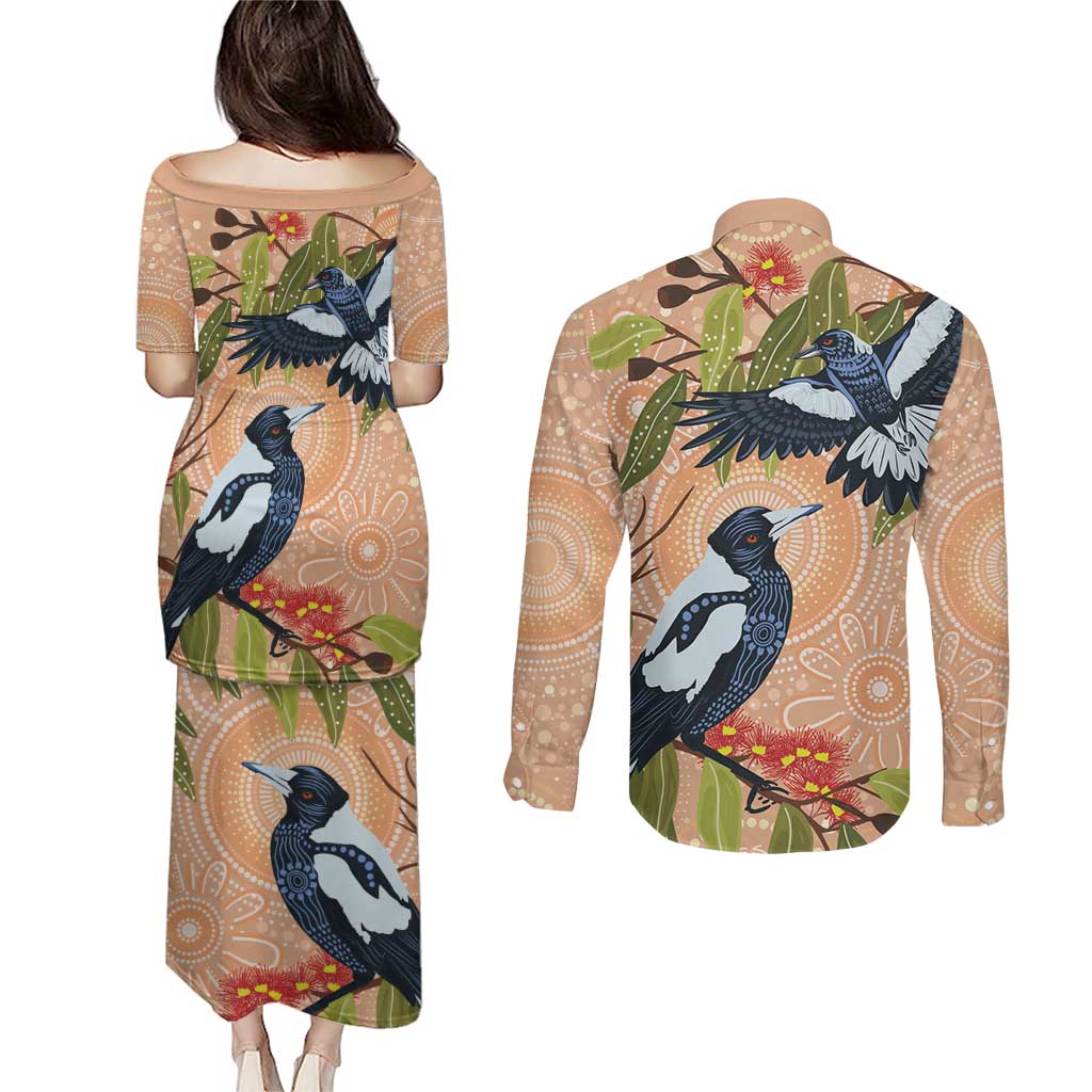 Magpies On Eucalyptus Australia Aboriginal Couples Matching Puletasi and Long Sleeve Button Shirt - Aussie Hoodie