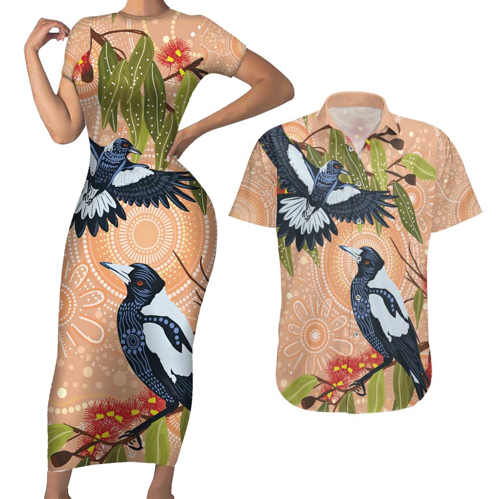 Magpies On Eucalyptus Australia Aboriginal Couples Matching Short Sleeve Bodycon Dress and Hawaiian Shirt - Aussie Hoodie