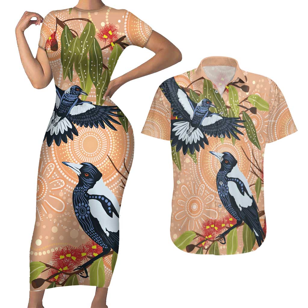 Magpies On Eucalyptus Australia Aboriginal Couples Matching Short Sleeve Bodycon Dress and Hawaiian Shirt - Aussie Hoodie