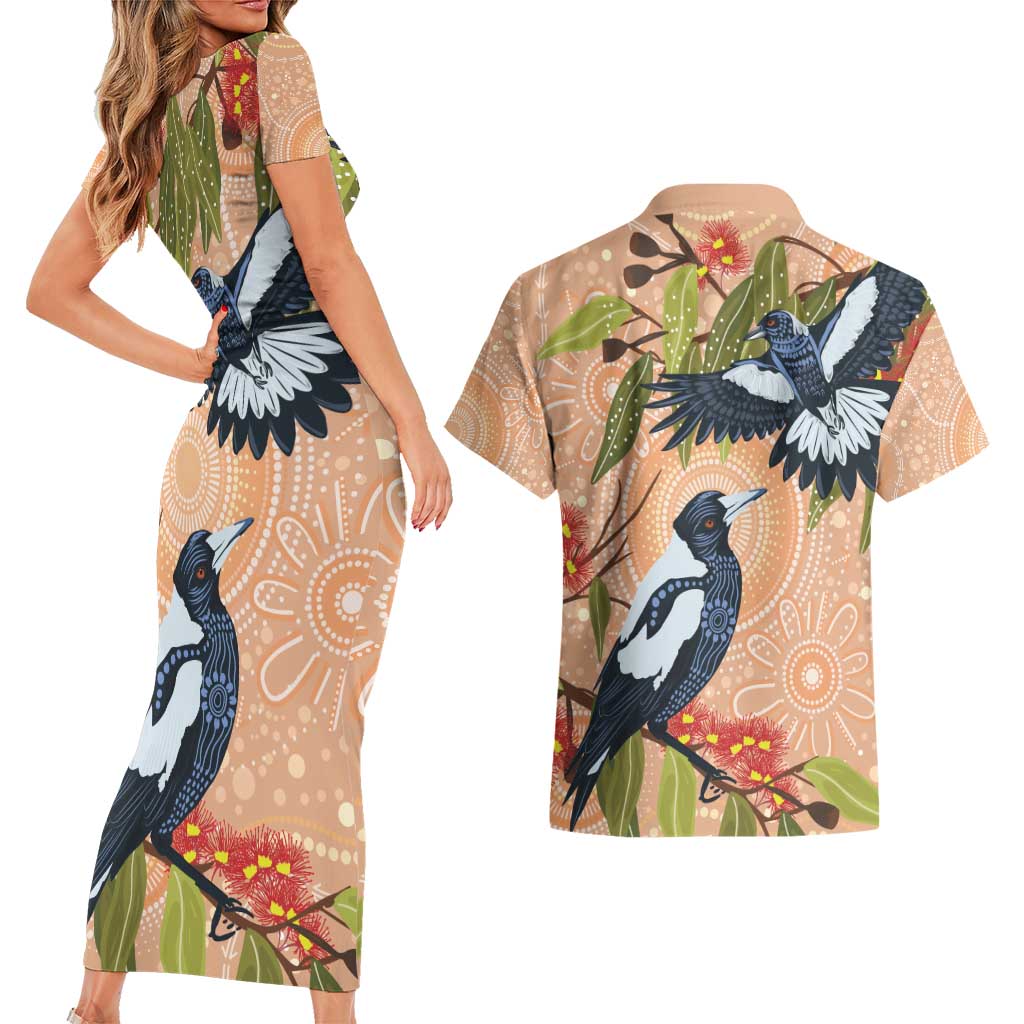 Magpies On Eucalyptus Australia Aboriginal Couples Matching Short Sleeve Bodycon Dress and Hawaiian Shirt - Aussie Hoodie