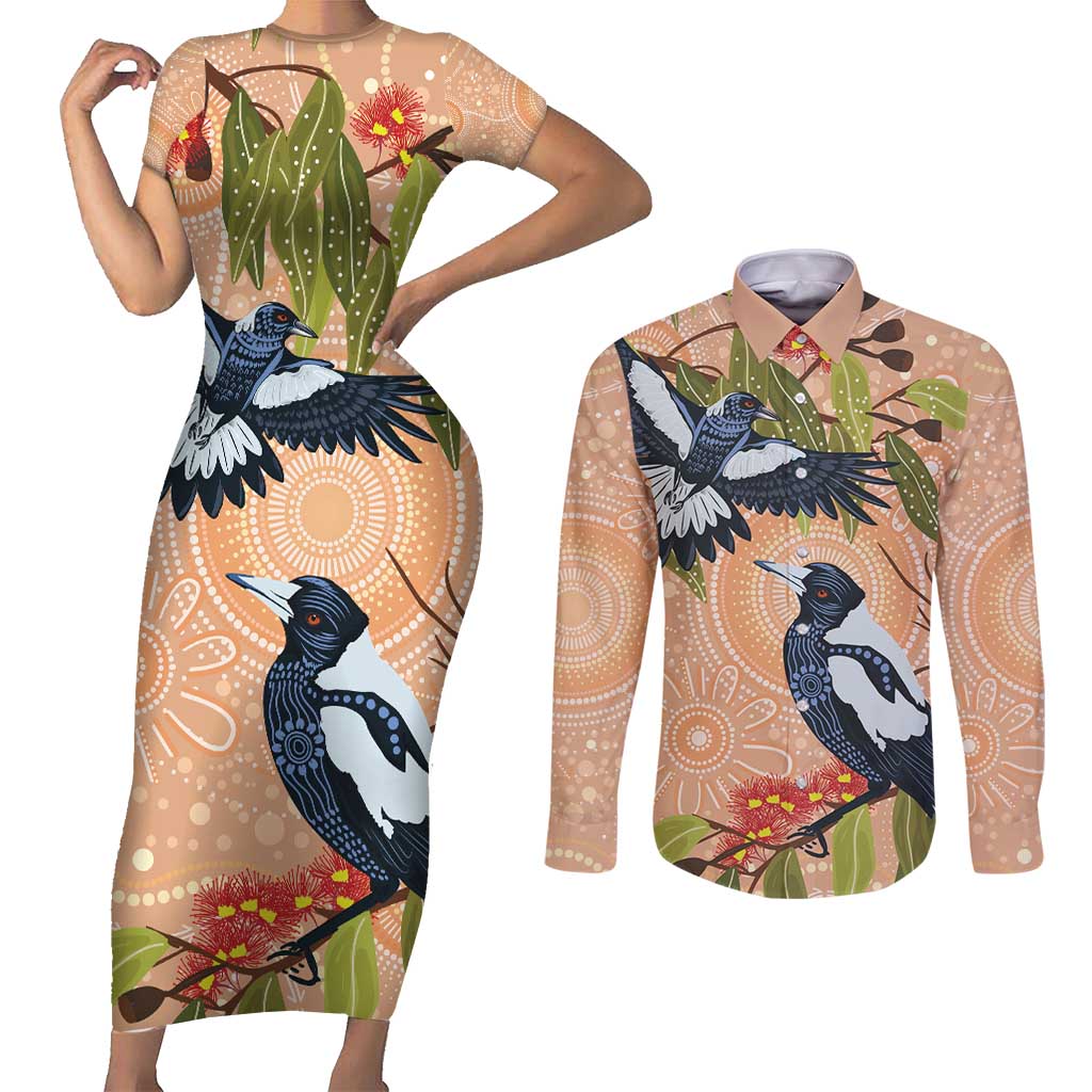 Magpies On Eucalyptus Australia Aboriginal Couples Matching Short Sleeve Bodycon Dress and Long Sleeve Button Shirt - Aussie Hoodie