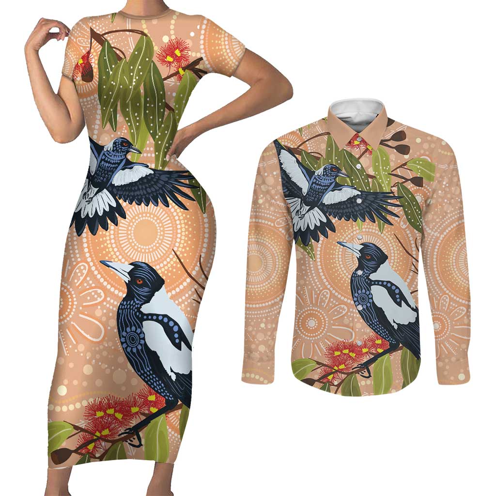 Magpies On Eucalyptus Australia Aboriginal Couples Matching Short Sleeve Bodycon Dress and Long Sleeve Button Shirt - Aussie Hoodie