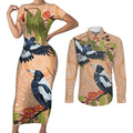 Magpies On Eucalyptus Australia Aboriginal Couples Matching Short Sleeve Bodycon Dress and Long Sleeve Button Shirt - Aussie Hoodie