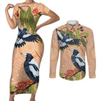 Magpies On Eucalyptus Australia Aboriginal Couples Matching Short Sleeve Bodycon Dress and Long Sleeve Button Shirt - Aussie Hoodie