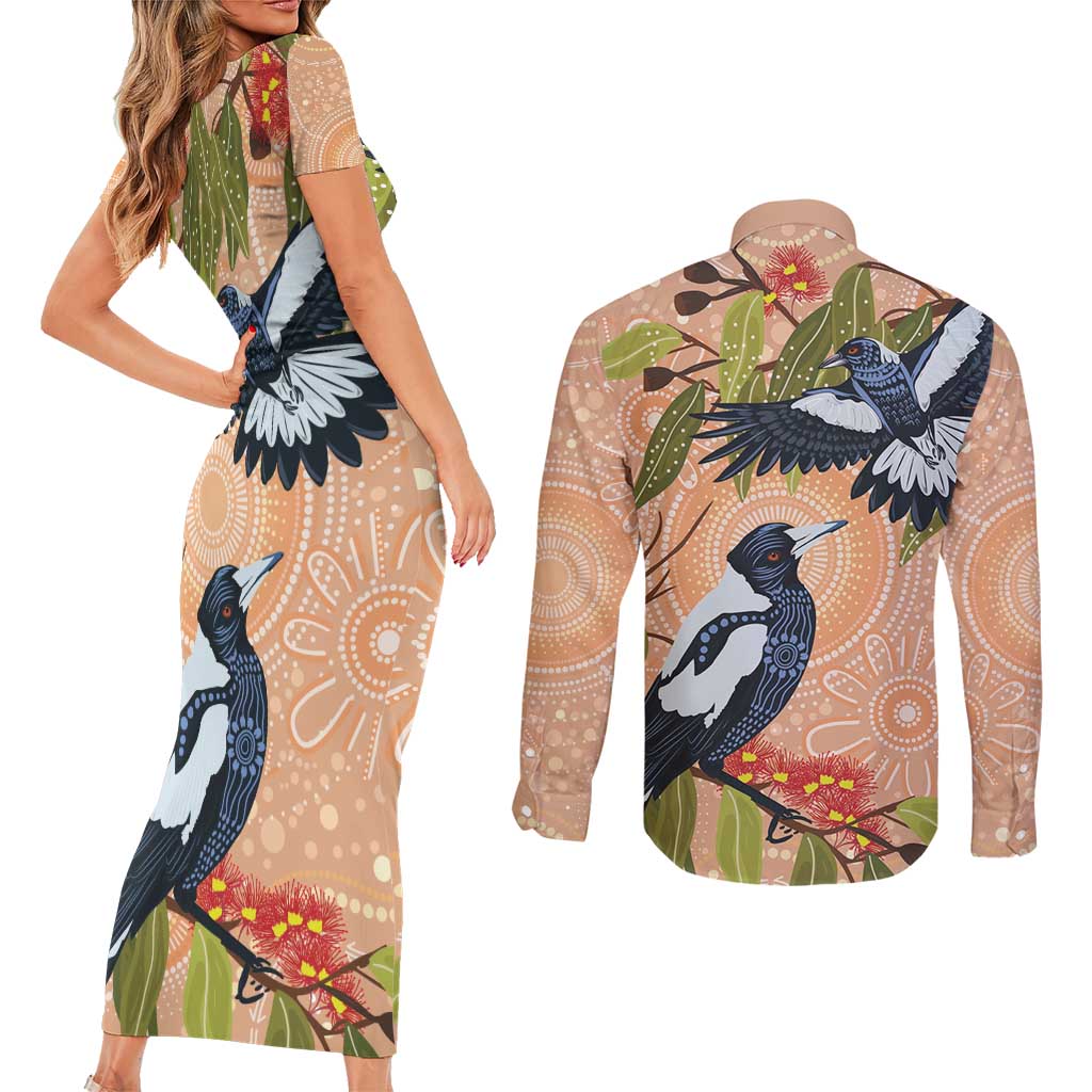 Magpies On Eucalyptus Australia Aboriginal Couples Matching Short Sleeve Bodycon Dress and Long Sleeve Button Shirt - Aussie Hoodie