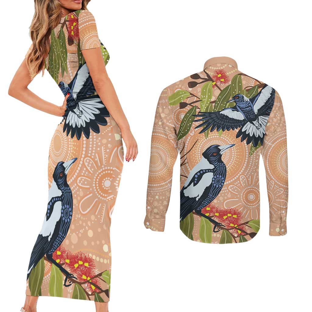 Magpies On Eucalyptus Australia Aboriginal Couples Matching Short Sleeve Bodycon Dress and Long Sleeve Button Shirt - Aussie Hoodie
