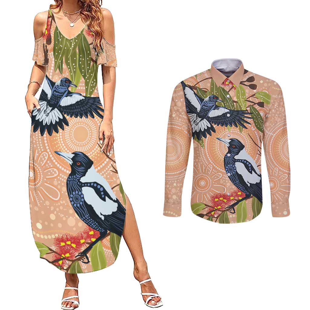 Magpies On Eucalyptus Australia Aboriginal Couples Matching Summer Maxi Dress and Long Sleeve Button Shirt - Aussie Hoodie