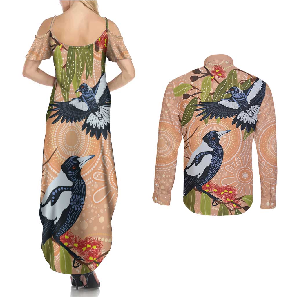 Magpies On Eucalyptus Australia Aboriginal Couples Matching Summer Maxi Dress and Long Sleeve Button Shirt - Aussie Hoodie