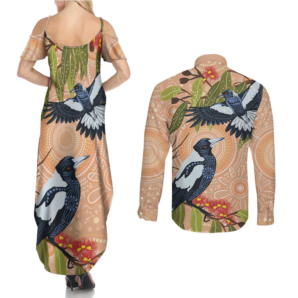 Magpies On Eucalyptus Australia Aboriginal Couples Matching Summer Maxi Dress and Long Sleeve Button Shirt - Aussie Hoodie