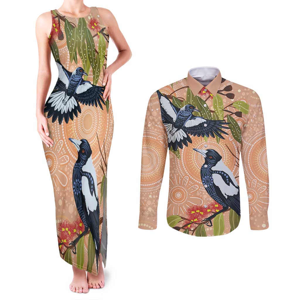 Magpies On Eucalyptus Australia Aboriginal Couples Matching Tank Maxi Dress and Long Sleeve Button Shirt - Aussie Hoodie