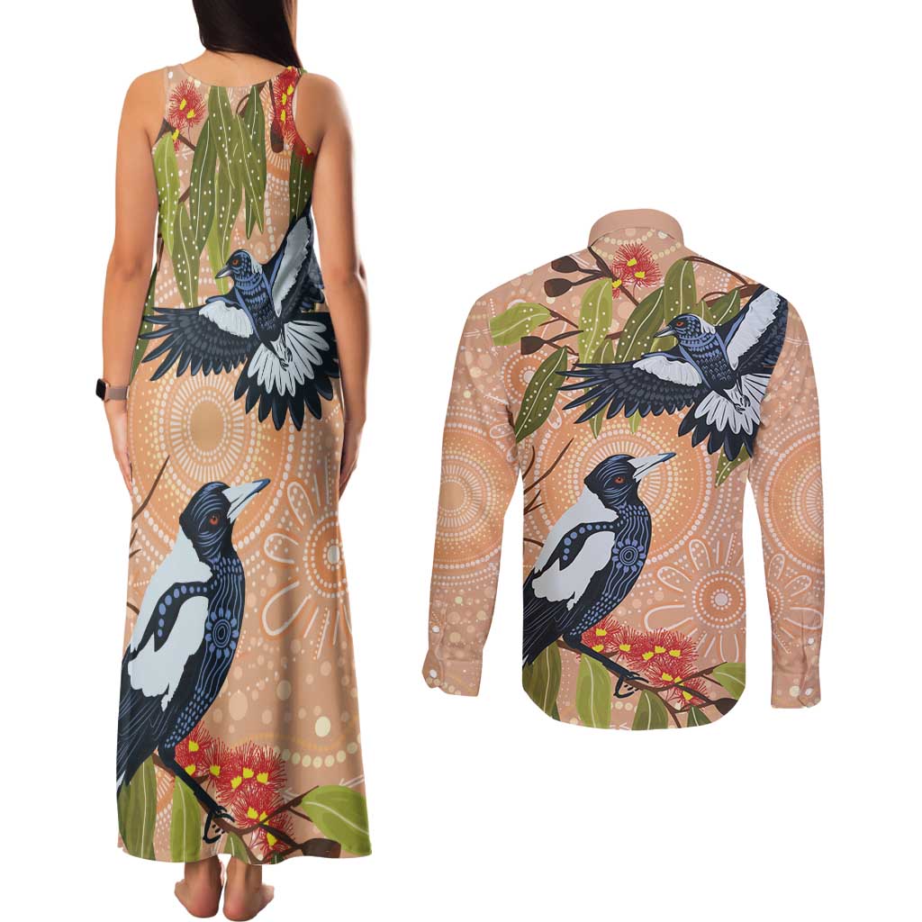 Magpies On Eucalyptus Australia Aboriginal Couples Matching Tank Maxi Dress and Long Sleeve Button Shirt - Aussie Hoodie