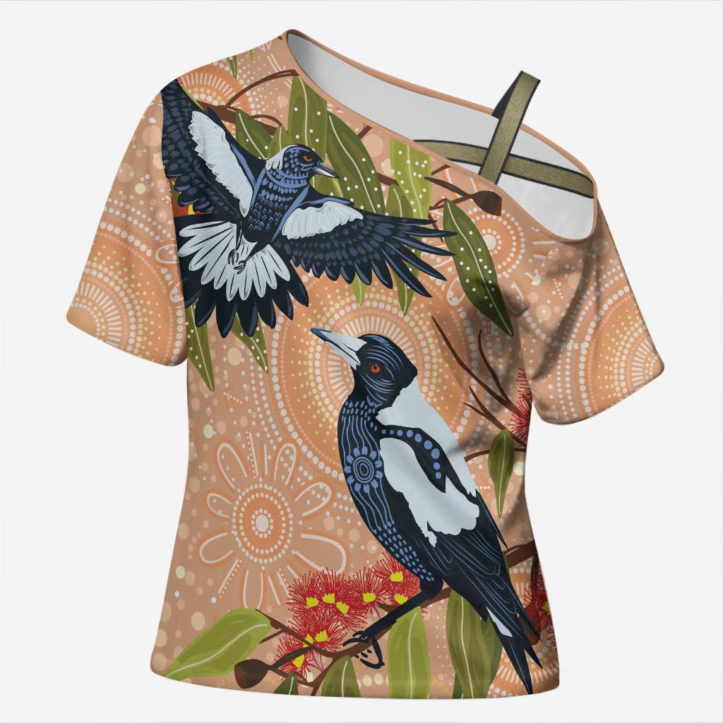 Magpies On Eucalyptus Australia Aboriginal Cross Shoulder Shirt - Aussie Hoodie