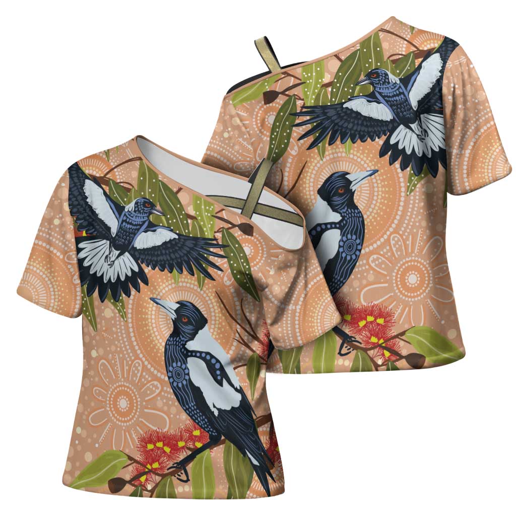 Magpies On Eucalyptus Australia Aboriginal Cross Shoulder Shirt - Aussie Hoodie