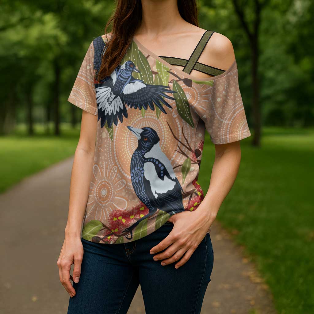 Magpies On Eucalyptus Australia Aboriginal Cross Shoulder Shirt - Aussie Hoodie