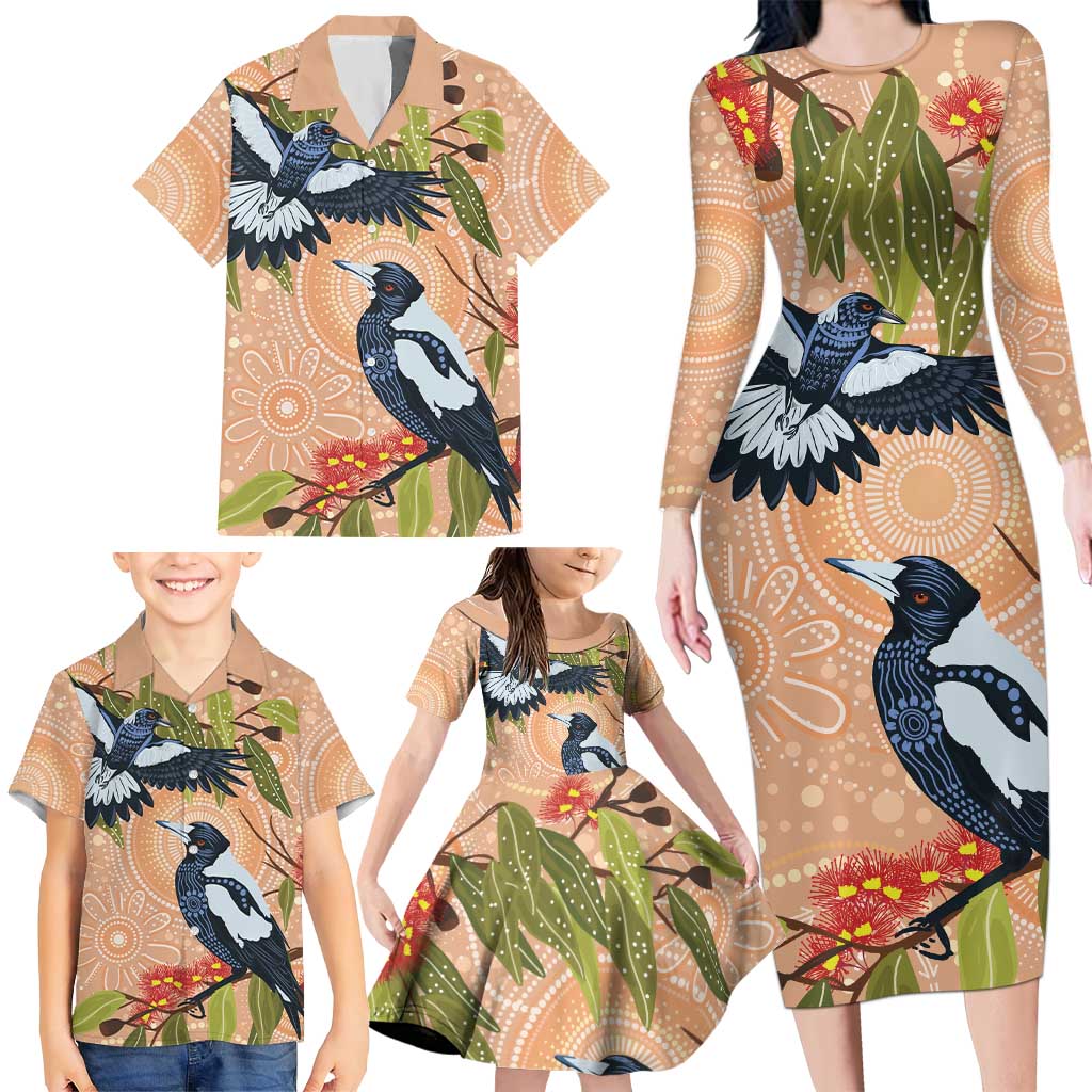 Magpies On Eucalyptus Australia Aboriginal Family Matching Long Sleeve Bodycon Dress and Hawaiian Shirt - Aussie Hoodie